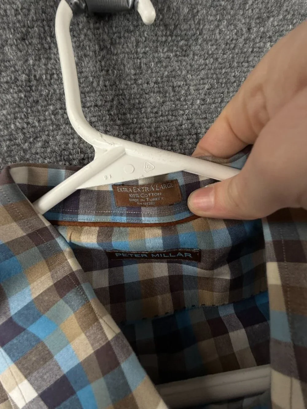 Peter Millar Blue Brown Check Button Up Shirt 2XL Cotton Long Sleeve Woven Adult